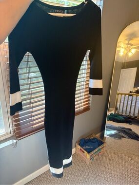 VENUS Black Ribbed Knit Dress with White Trim